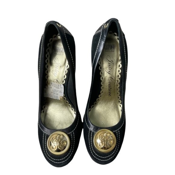 JUICY COUTURE Y2K Women's Black Suede High Platform Wedge Gold Logo 9M GUC - Picture 7 of 8